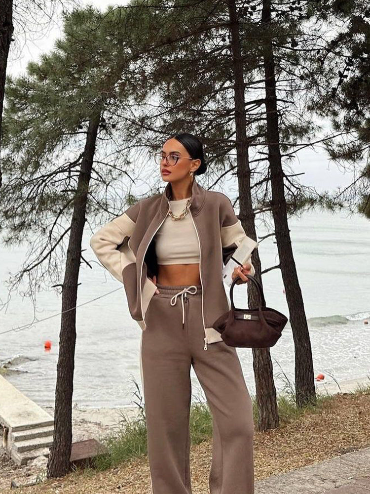 Damen Mehrteiliges Loungewear-Set mit Reißverschlussjacke und weiter Palazzohose Drune
