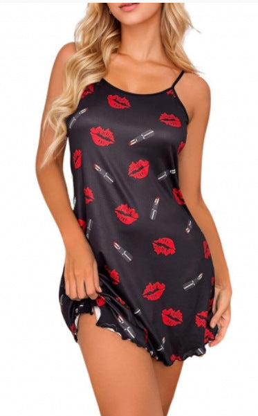 Damen Nachtkleid mit Lippen- und Lippenstift-Muster Drune