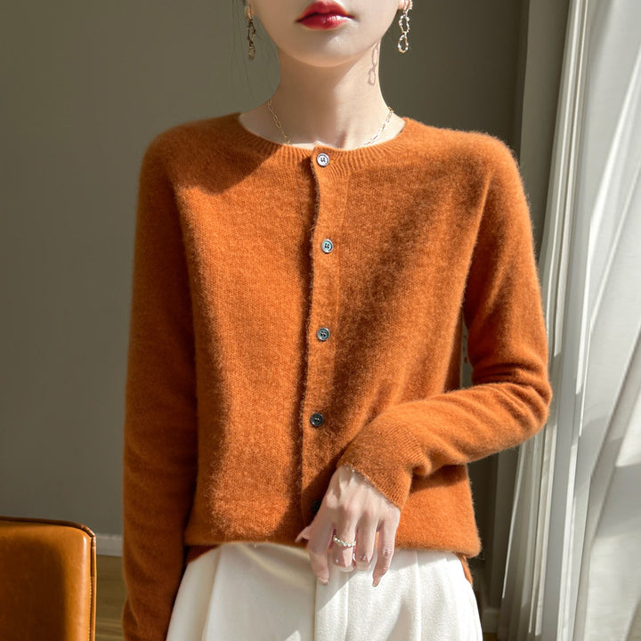 Damen Kurzgeschnittener Feinstrick-Cardigan mit Rundhalsausschnitt und schimmernder Knopfleiste Drune