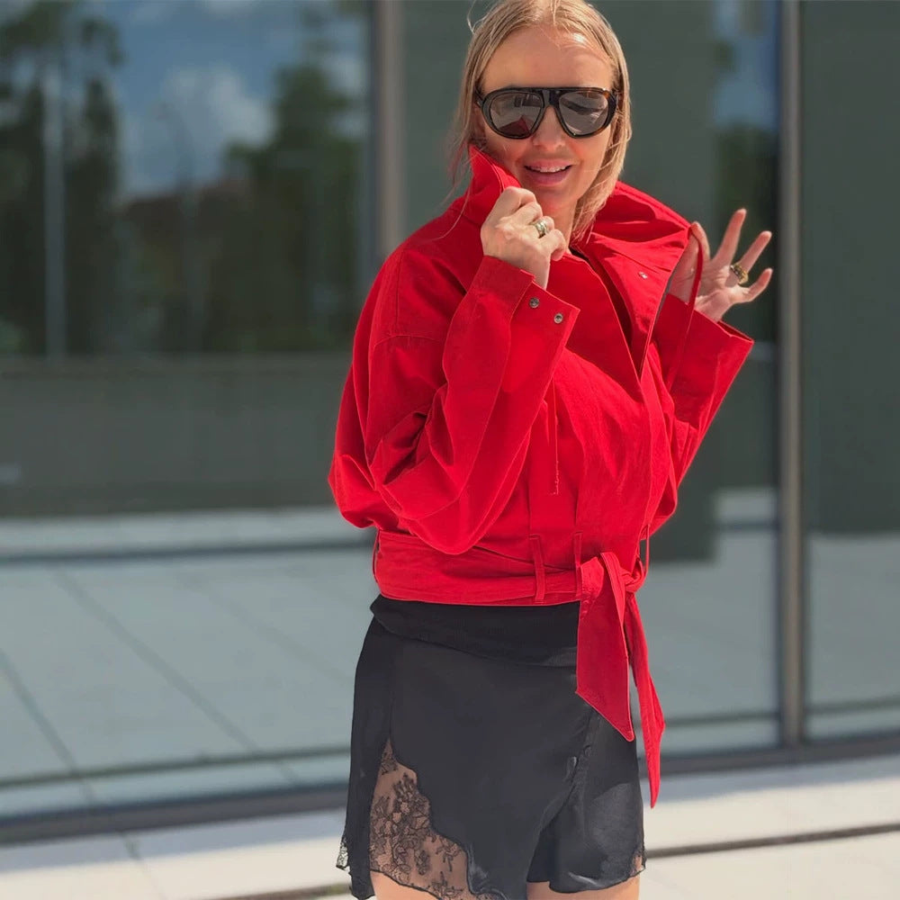 Damen Oversize Kurzjacke mit Taillengürtel und Hemdkragen Drune