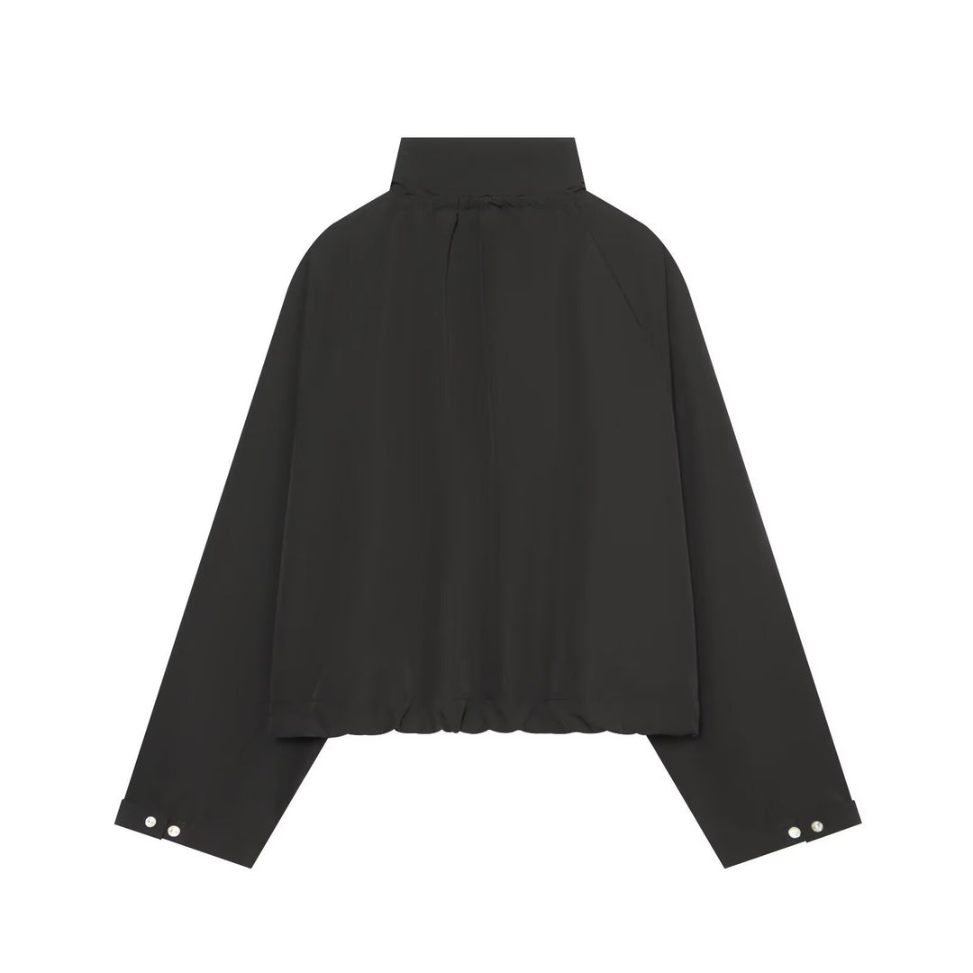 Damen Kurzer Cropped-Blouson mit hohem Stehkragen, Knopfleiste und Tunnelzugsaum Drune