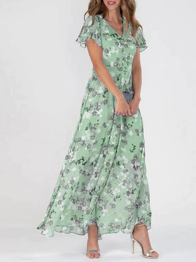Damen Maxikleid mit floralem Chiffon-Stoff und transparenten Ärmeln Drune