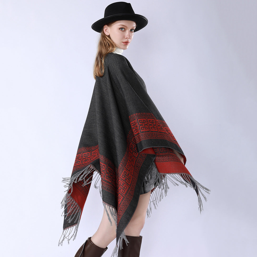 Damen Reversibler Wollmix‑Überwurf im Kimono‑Fall mit ornamentaler Bordüre und Zierfransen Drune