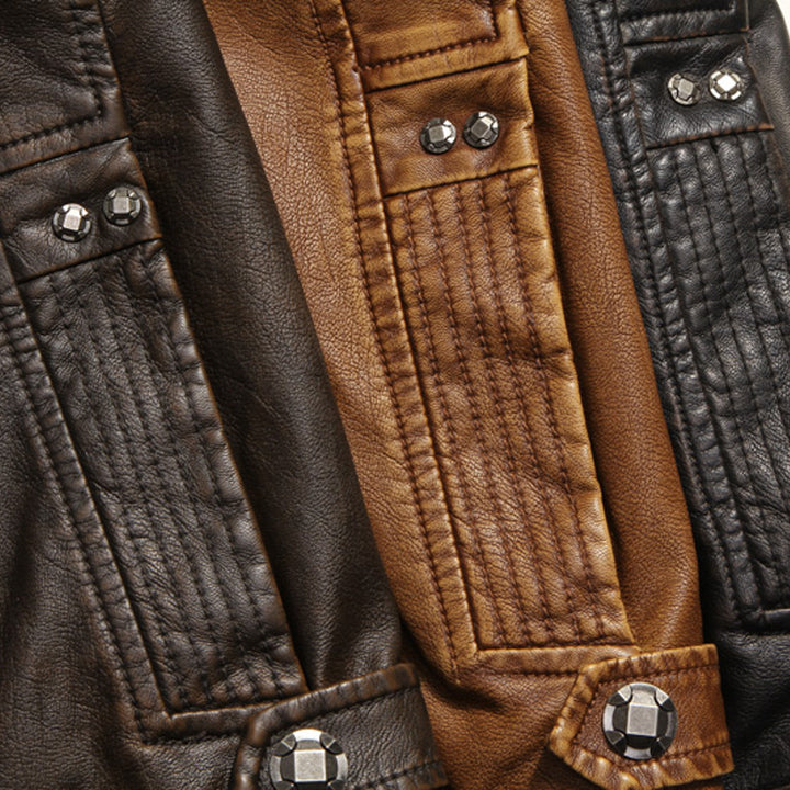 Herren Lederjacke im Bikerstil mit Stehkragen und Ziernähten Drune