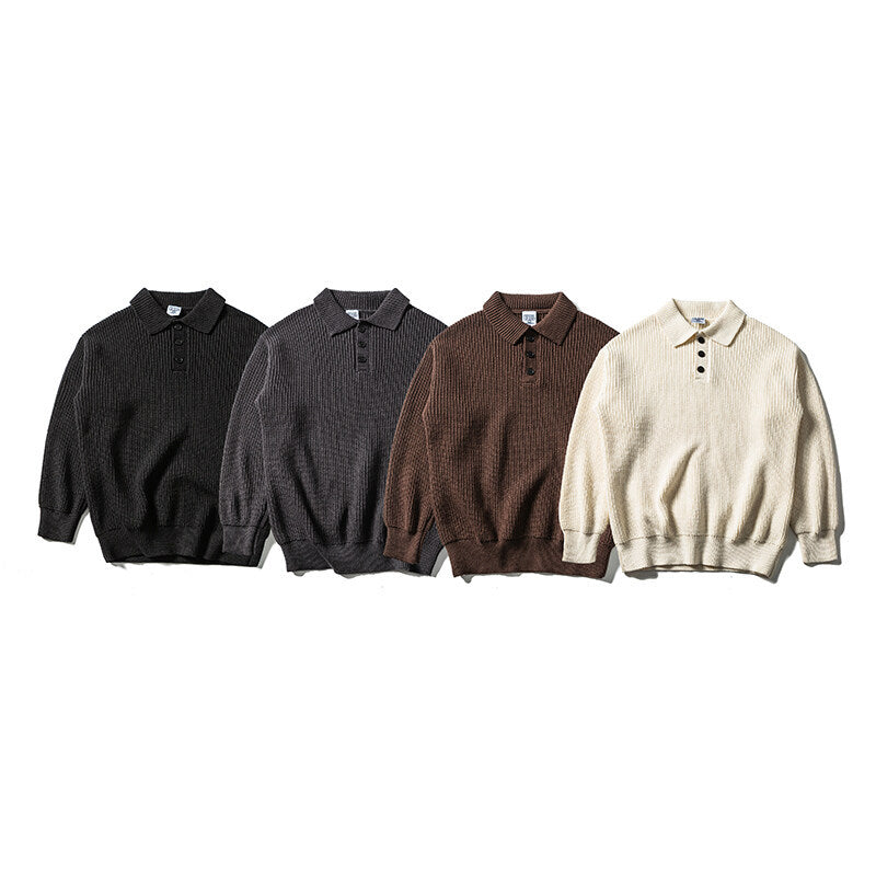 Herren Waffelstrick-Polopullover mit halber Knopfleiste und gerippten Bündchen Drune