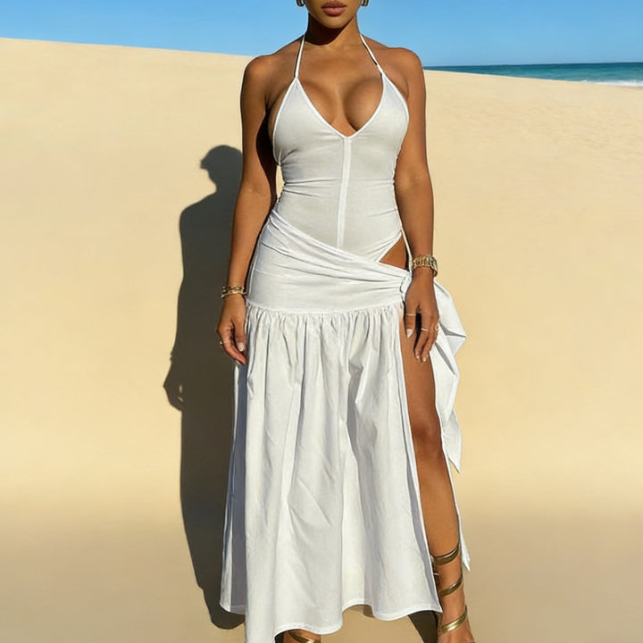 Damen Maxikleid mit knackigem V-Ausschnitt und verspielten Drapierungen Drune