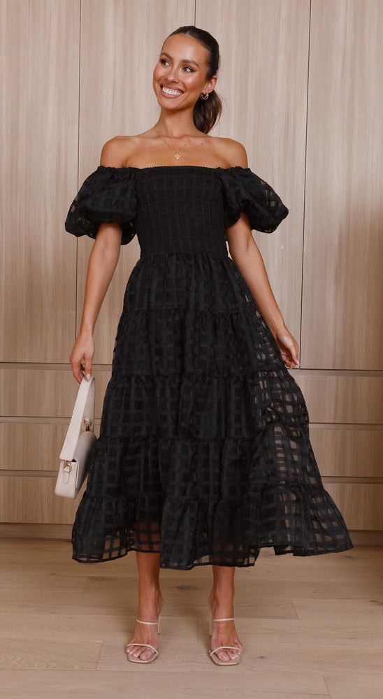 Damen Maxikleid mit luftigen Puffärmeln und gerafftem Oberteil Drune