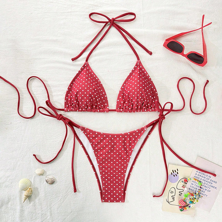 Damen Triangel-Bikini mit verspieltem Punktenmuster und verstellbarem Bund Drune