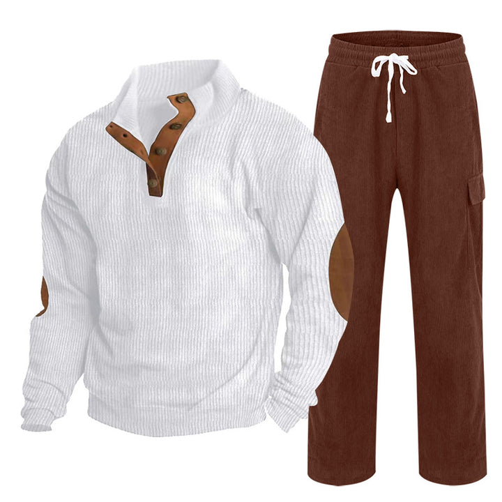 Herren Gemütliches Freizeit-Set aus Waffelstrick-Henley mit Ellenbogenpatch und Relax-Cargo-Hose Drune