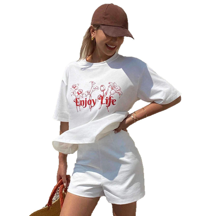 Damen Lässiges Oversize-T-Shirt mit floralem Druck und inspirierendem Schriftzug Drune