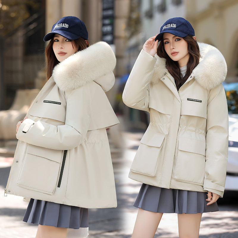Damen Elegante und warme Winterjacke mit abnehmbarem Kunstfellkragen und praktischen Taschen Drune