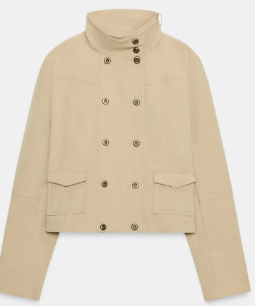 Damen Cropped doppeltreihige Kurzjacke mit Funnel‑Stehkragen und Pattentaschen Drune