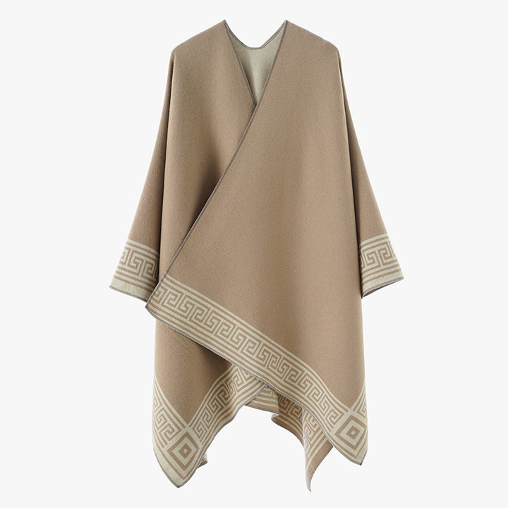 Damen Oversize-Capeponcho im Wickelstil mit Mäanderbordüre und kastiger Silhouette Drune
