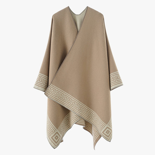 Damen Oversize-Capeponcho im Wickelstil mit Mäanderbordüre und kastiger Silhouette Drune