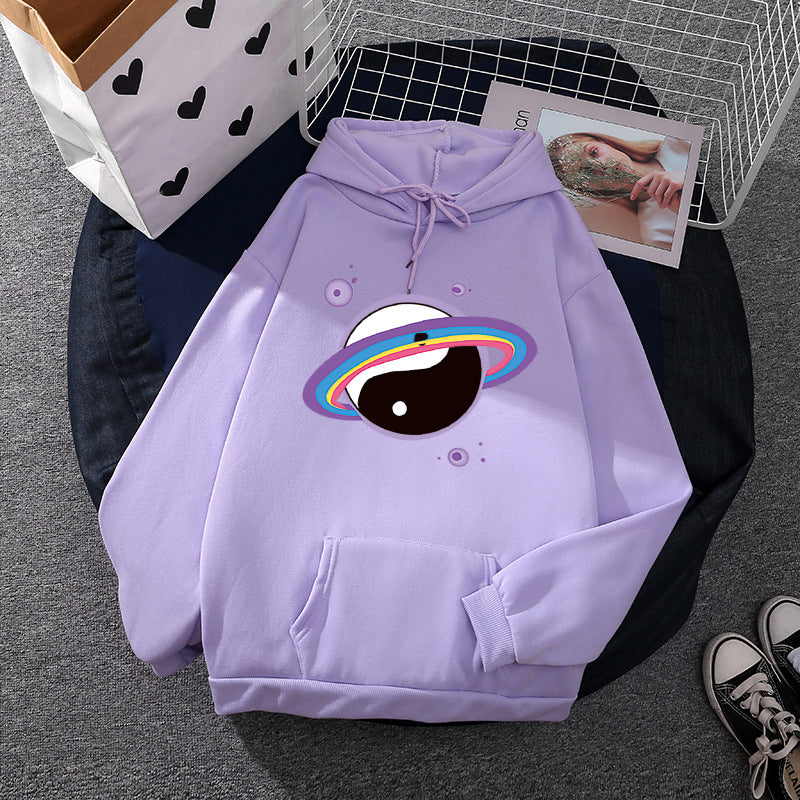 Damen nan Oversized Kapuzenpullover aus Baumwollmischung mit Planeten-Yin‑Yang-Grafik und Kängurutasche Drune