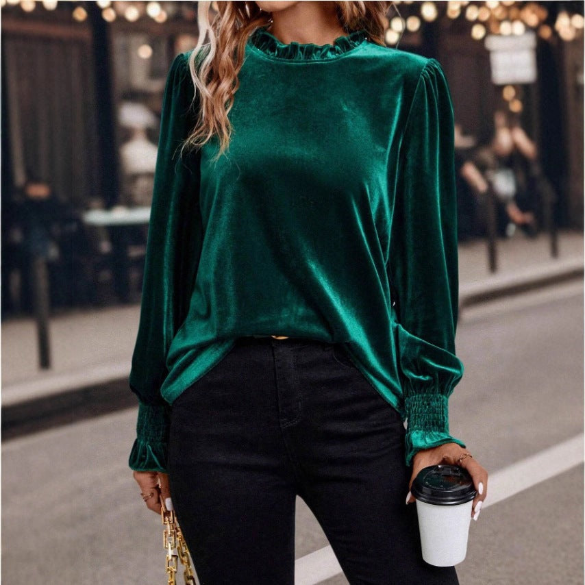 Damen Samtbluse mit Rüschenkragen, Ballonärmeln und Stretch-Smock-Bündchen Drune