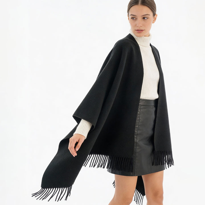 Damen Minimalistischer Wickel‑Capeponcho aus Wollmix mit V‑Ausschnitt und zartem Fransensaum Drune