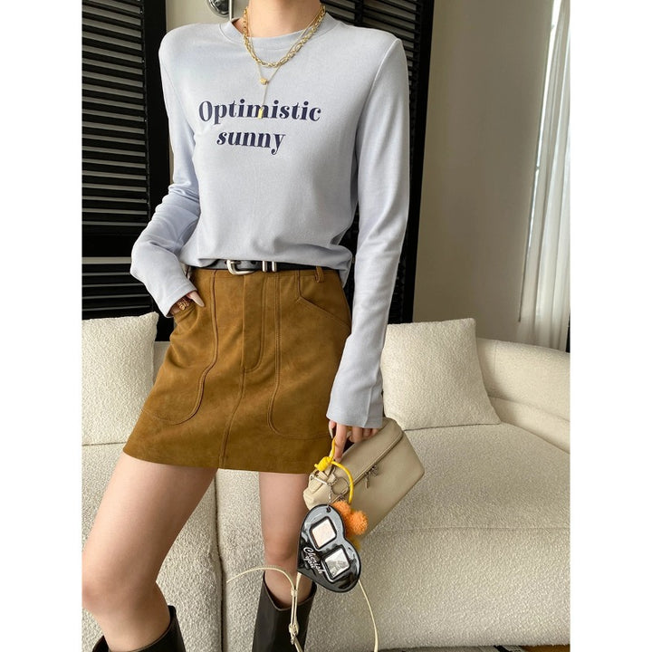 Damen Langarmshirt mit kreativem Schriftzug und figurbetontem Schnitt Drune