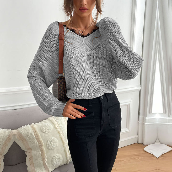 Damen Oversize V‑Ausschnitt Feinstrickpullover mit überschnittener Schulter und Rippbündchen Drune