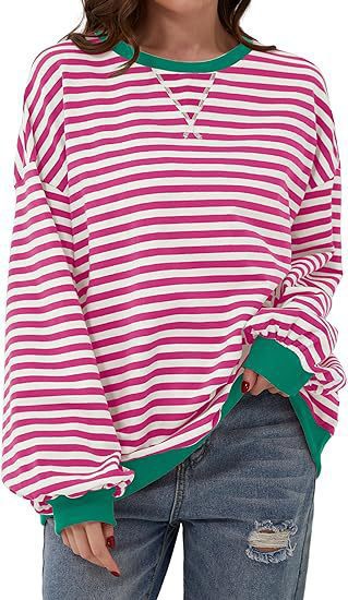 Damen Lässiges Oversize-Streifen-Sweatshirt mit Raglanärmeln und Kontrastbündchen Drune