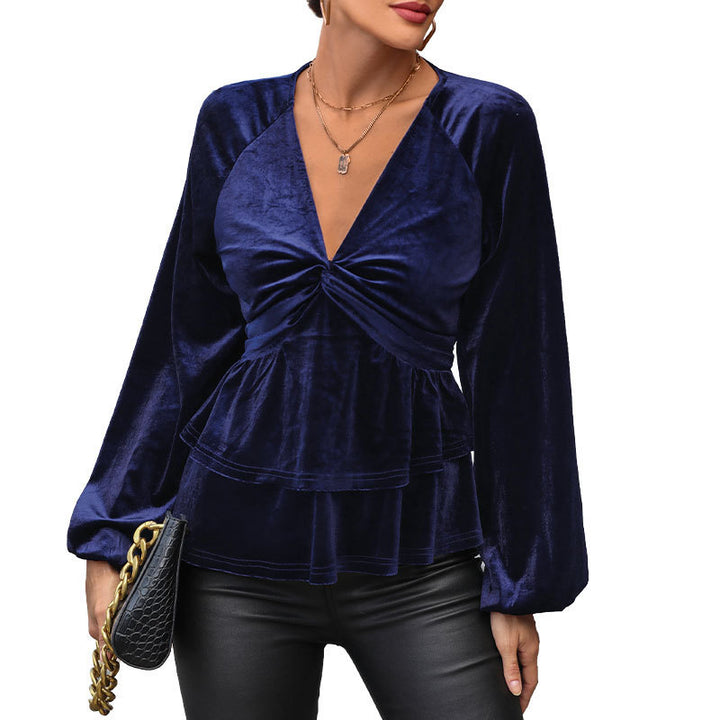 Damen Samtbluse mit tiefem V-Ausschnitt, Twist-Detail und zweistufigem Volant Drune
