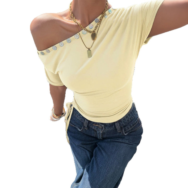 Damen Off-Shoulder Oberteil mit Rüschen und dekorativen Knöpfen Drune