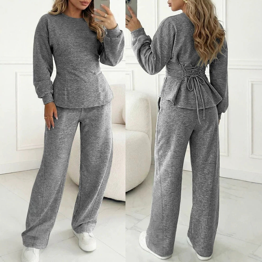 Damen Zweiteiliges Loungewear-Set aus Melange‑Jersey mit weitem Bein und Rundhalsausschnitt Drune