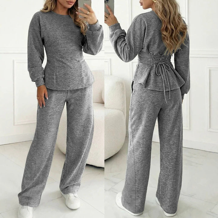Damen Zweiteiliges Loungewear-Set aus Melange‑Jersey mit weitem Bein und Rundhalsausschnitt Drune