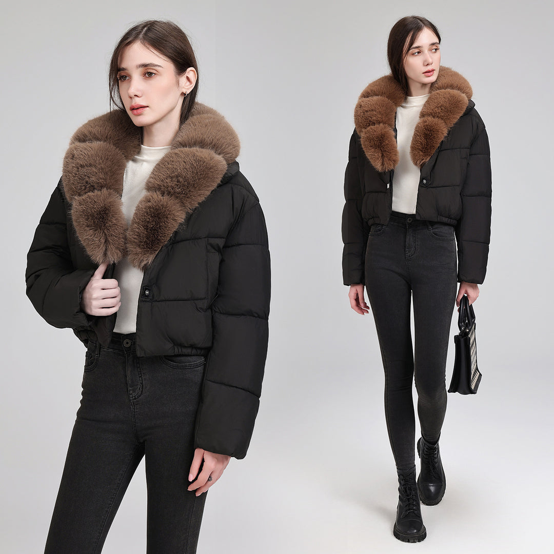 Damen Kurze gesteppte Puffer-Bomberjacke mit extra weitem Kunstfellkragen Drune