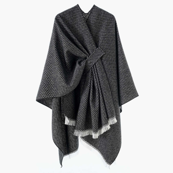 Damen Umlegbarer Wollmix-Poncho mit Hahnentritt-Jacquard und Bindegürtel Drune