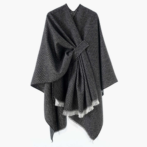 Damen Umlegbarer Wollmix-Poncho mit Hahnentritt-Jacquard und Bindegürtel Drune