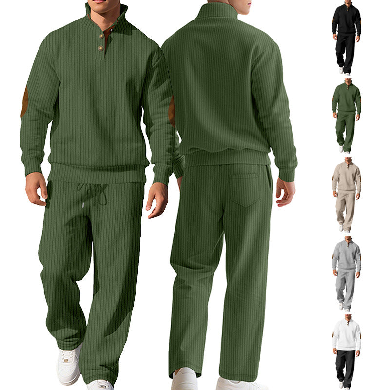 Herren nan feiner Rippstrickpullover mit halber Knopfleiste hohem Stehkragen und kontrastierendem Suedine-Ellbogenbesatz Drune