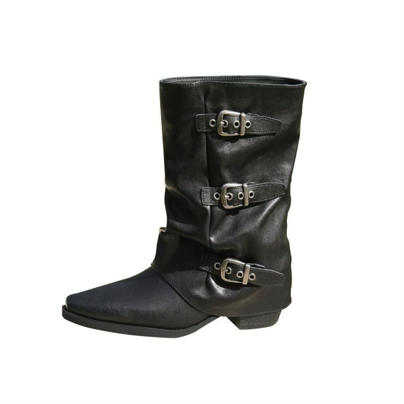 Damen Mid-Calf Stiefel mit spitzer Zehenpartie, dreifachen Zierschnallen und leichtem Blockabsatz Drune