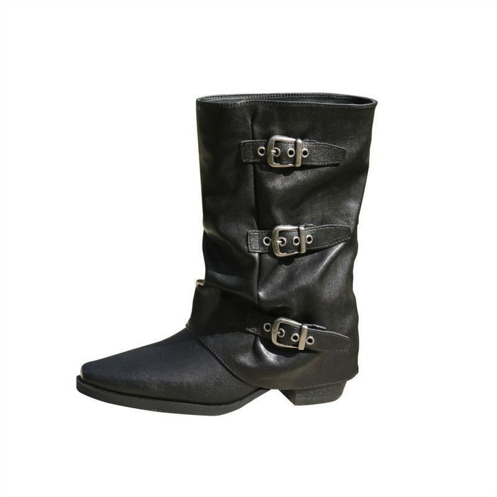 Damen Mid-Calf Stiefel mit spitzer Zehenpartie, dreifachen Zierschnallen und leichtem Blockabsatz Drune