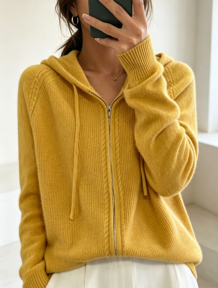 Damen Kapuzen-Cardigan mit Reißverschluss, feinem Feinstrick und gerippten Bündchen Drune