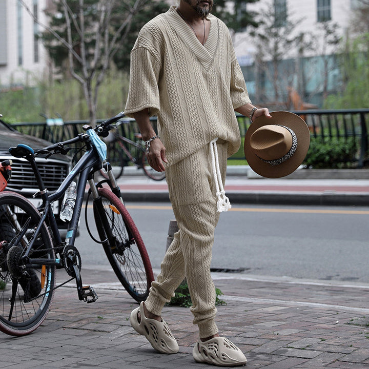 Herren nan lässiges Strickset mit V-Ausschnitt und Kordelzug-Joggerhose Drune