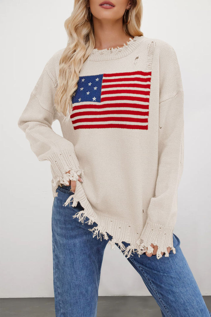 Damen lässiger Pullover mit Flaggenmuster und fransigem Saum Drune