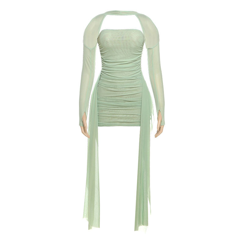 Damen Elegantes Minikleid mit raffinierten Rüschen und transparenten Ärmeln Drune