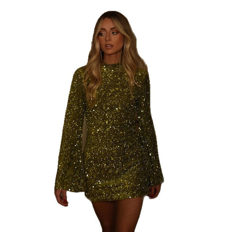 Damen glamouröses Pailletten-Minikleid mit Volantärmeln und hohem Kragen Drune