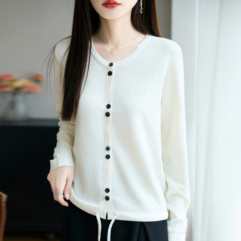 Damen Leichter Feinstrick-Knopfleisten-Cardigan mit Rundhalsausschnitt Drune