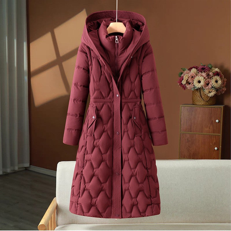 Damen nan langer gesteppter Wintermantel mit Kapuze und taillierter Silhouette Drune