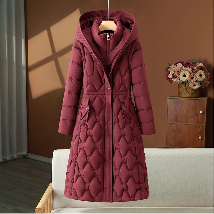 Damen nan langer gesteppter Wintermantel mit Kapuze und taillierter Silhouette Drune
