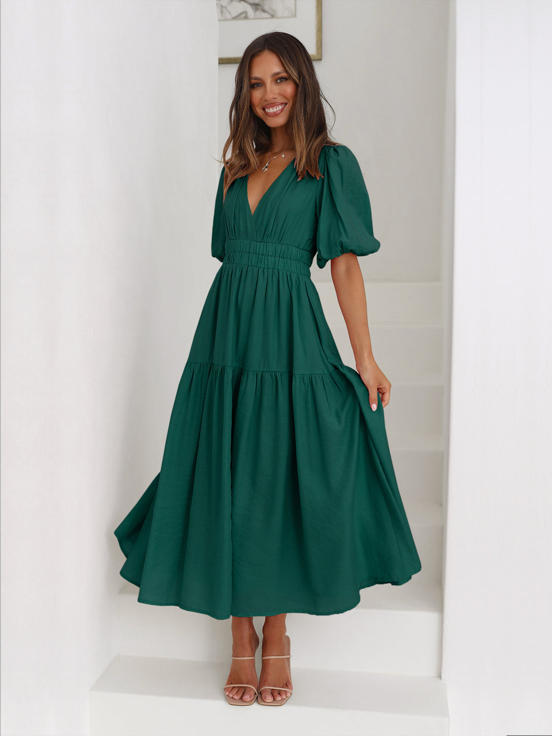 Damen Maxikleid mit Puffärmeln und elastischem Taillenbund Drune