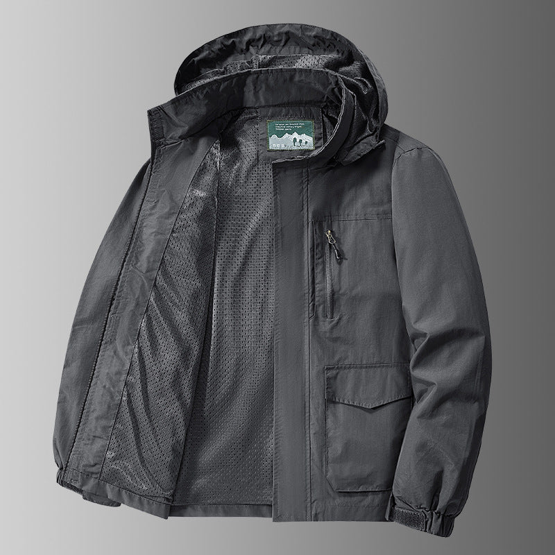 Herren Kapuzen-Outdoorjacke mit atmungsaktivem Meshfutter, wasserabweisender Ripstop‑Hülle & verdecktem Frontreißverschluss Drune