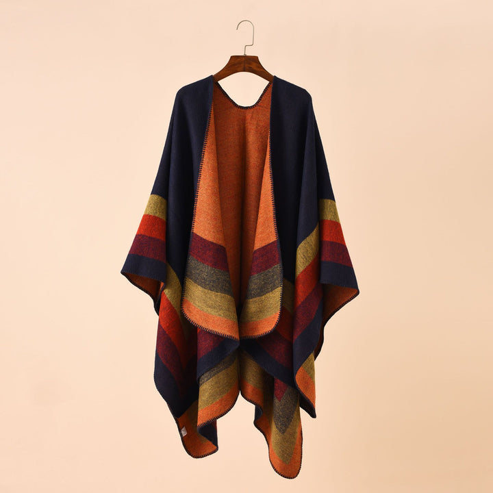 Damen Wolloptik-Poncho mit asymmetrischen Blockstreifen und Zierstichkante Drune