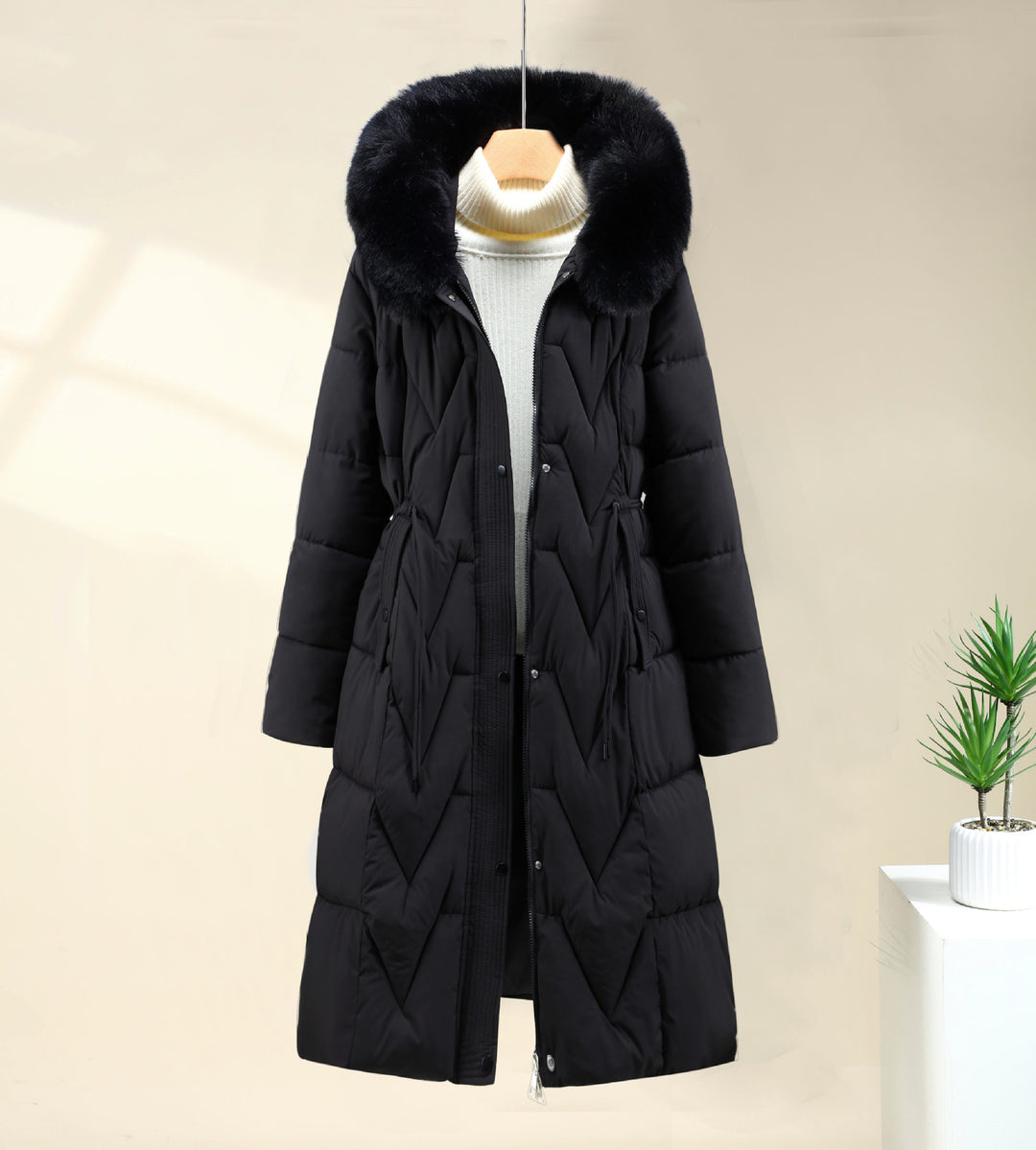 Damen nan langer gesteppter Parka mit voluminöser Kunstfellkapuze und taillierendem Kordelzug Drune