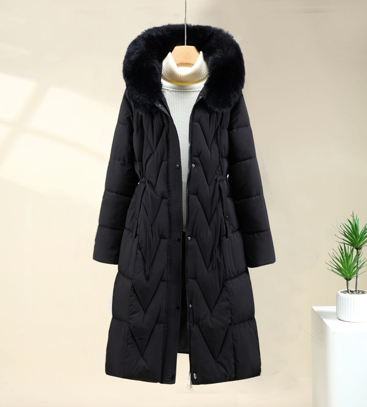 Damen nan langer gesteppter Parka mit voluminöser Kunstfellkapuze und taillierendem Kordelzug Drune