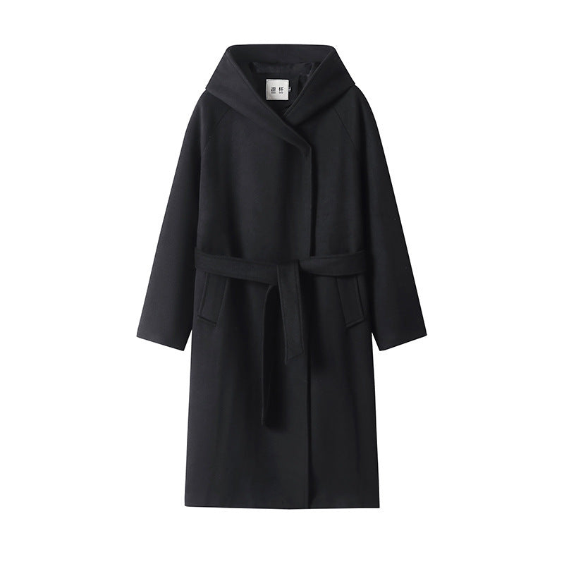 Damen Maxi-Mantel mit überzogener Kapuze, Bindegürtel und minimalistischer Wollmix‑Silhouette Drune