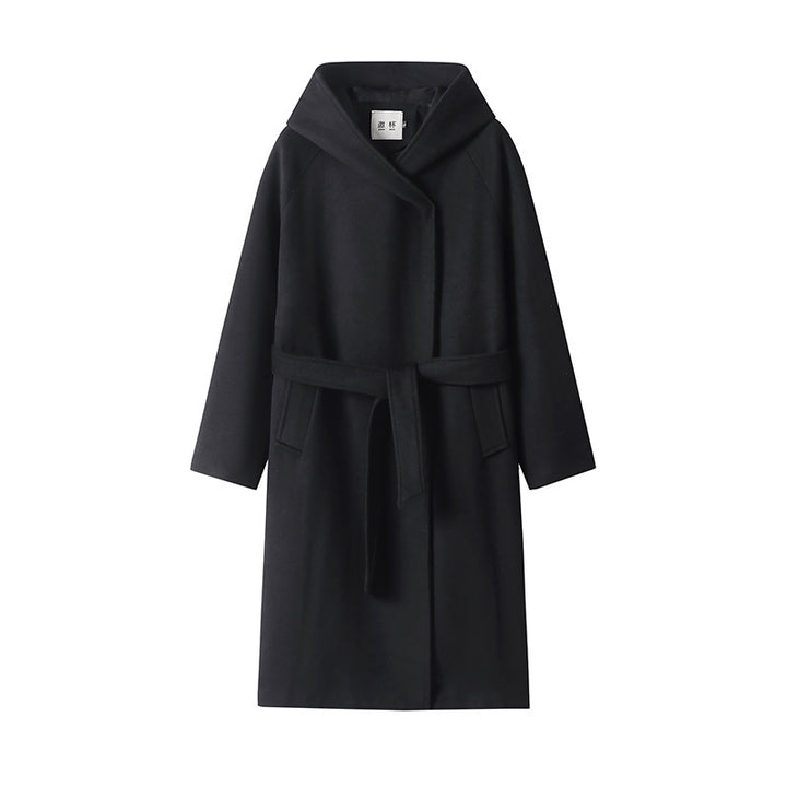 Damen Maxi-Mantel mit überzogener Kapuze, Bindegürtel und minimalistischer Wollmix‑Silhouette Drune