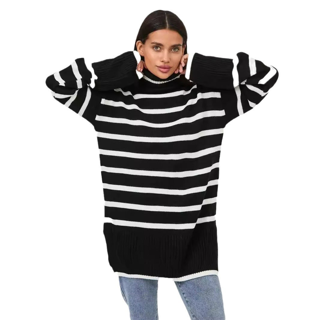 Damen gestrickter Rollkragenpullover mit modernem Streifenmuster und weitem Schnitt Drune